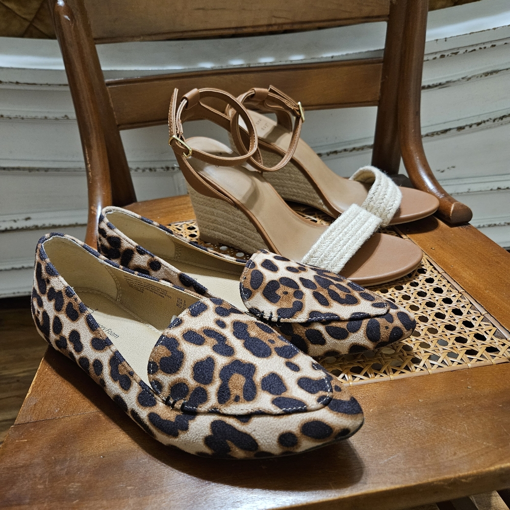 Leopard Print Raffia Jute Woven Flats Sandals Wedge Heels Brown Black Tan Lot 6
